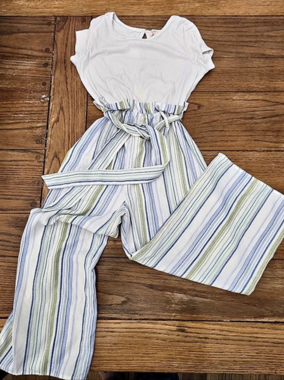 Love Squared Girls Striped Romper in White & Blue Size 12
